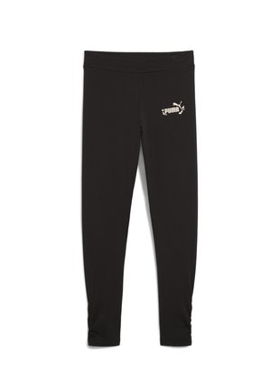 Des leggings noirs en tissu extensible, dotés d'une large taille élastique et d'un petit logo blanc Puma sur la cuisse supérieure gauche.