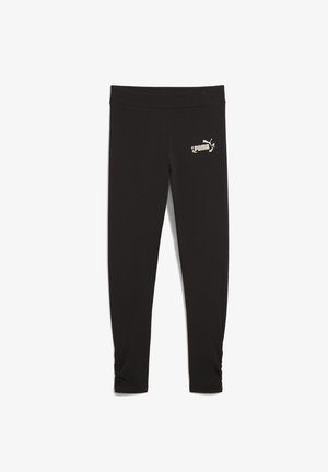 Camiseta corta negra con gráfico de animal rosa y logo, combinada con leggings negros que tienen un logo. Zapatillas negras completan el conjunto.
