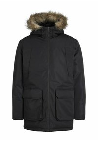 Sort parka-jakke med pelsforet hætte, to frontlommer og lynlås. Fremstillet af slidstærkt, vandafvisende materiale.