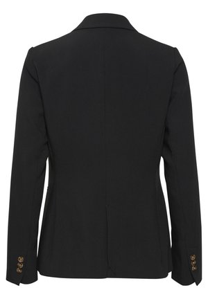 Blazer noir avec une coupe ajustée, col cranté et deux poches. Présente quatre boutons ronds sur chaque poignet et une texture de tissu lisse.