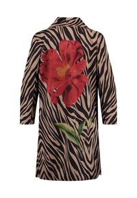 Zebragemuster-Hemd mit einer großen roten Blume und grünen Blättern auf der Rückseite. Hergestellt aus leichtem Stoff, mit einem kragen und drei Viertelärmeln.
