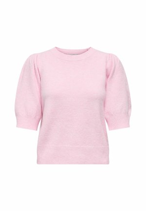 Suéter rosa claro de manga corta con mangas abullonadas, puños y dobladillo acanalados, y cuello redondo.