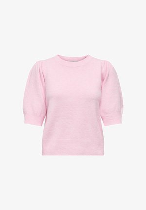 Suéter rosa claro de manga corta con mangas abullonadas, puños y dobladillo acanalados, y cuello redondo.