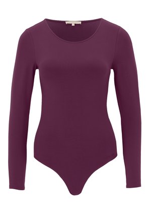 Body ajusté à manches longues avec encolure ronde, couleur unie violet profond, design sans coutures et petit logo près de la hanche.