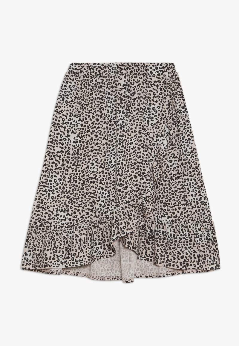 Jupe taille haute avec imprimé léopard beige et noir, ourlet à volants asymétrique et tissu léger.