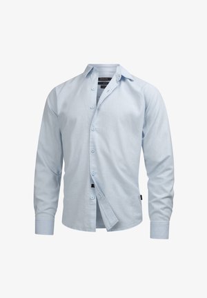 Lichtblauwe button-up blouse met lange mouwen, gemaakt van een gladde stof. Bevat een standaardkraag en bijpassende knopen.