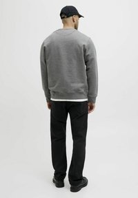 Felpa grigia con polsini e orlo a costine, pantaloni neri e scarpe nere. La figura indossa un cappellino nero, mostrata da dietro su uno sfondo bianco.