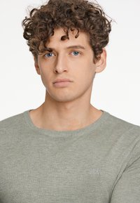 Maglione a maglia verde chiaro con scollatura rotonda, polsini a costine e una finitura testurizzata. Presenta un logo ricamato discreto sul petto.