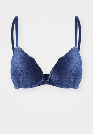 Marineblaue Spitzen-BH mit floralem Muster, glatter Textur und gepolsterten Cups. Verfügt über verstellbare Satins-Träger und ein mittiges Schleifendetail.