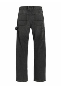 Mustad denim cargo püksid lõtaguuga, millel on mitmed tagataskud, küljetasku ja kontrastne õmblus.