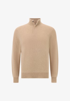 Beige pulovr s polozipem, vyrobený z měkké látky. Má ribbované manžety a lem, což zajišťuje pohodlné nošení.