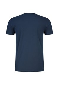 Prosty granatowy T-shirt z krótkim rękawem, widziany od tyłu, z okrągłym dekoltem, na białym tle.