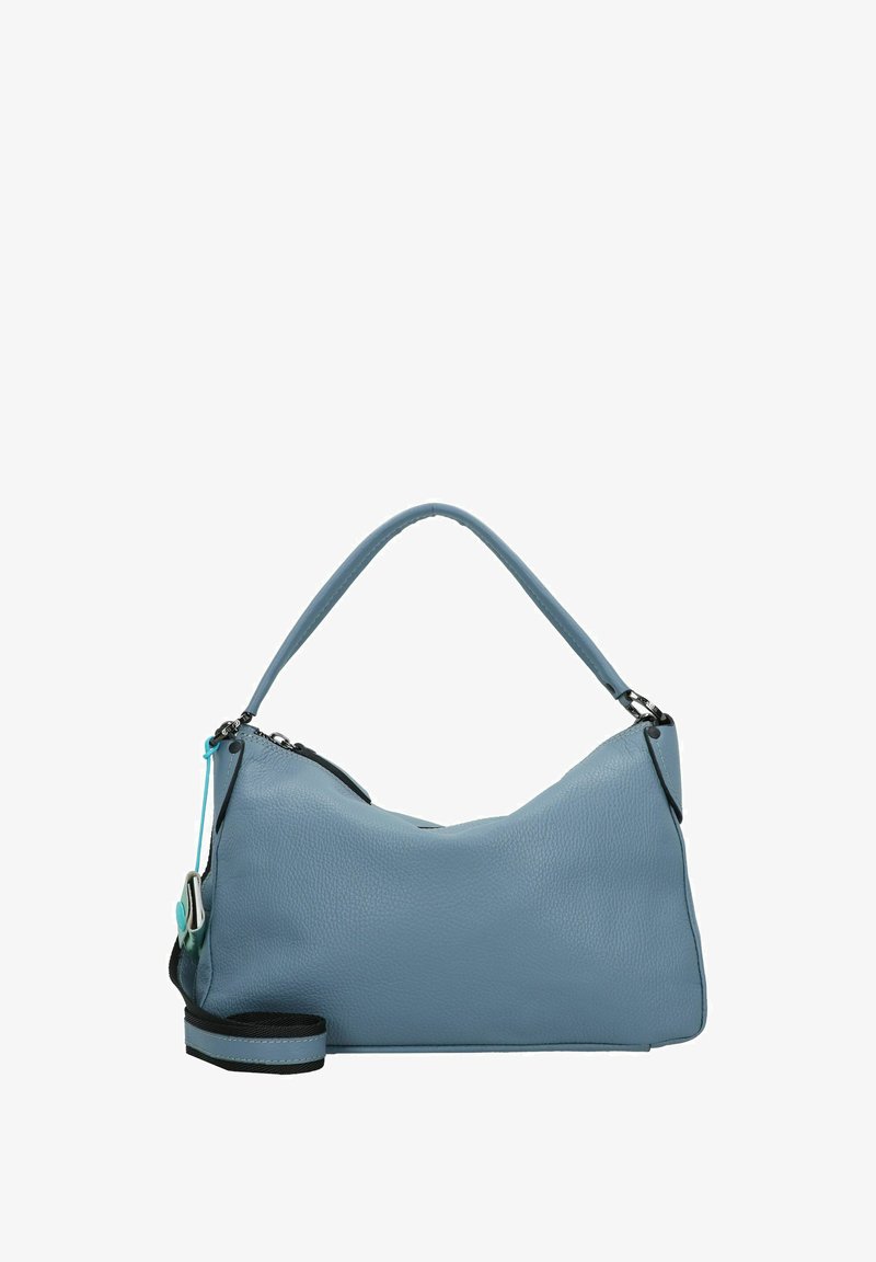 Helleblaue Leder-Schultertasche mit geschwungener Form, Reißverschluss und abnehmbarem Tragegurt. Verfügt über eine strukturierte Oberfläche und minimalen Beschlag.