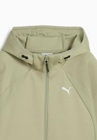Felpa verde chiaro con zip e cappuccio regolabile, texture liscia, pannelli sulle spalle a contrasto e piccolo logo bianco Puma sul petto.