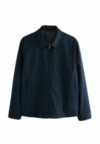 Chaqueta azul marino con un tejido texturizado, con cuello, cremallera frontal y dos bolsillos laterales.
