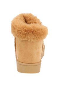 Bruine suède enkellaars met een zachte nep bontkraag. Ronde vorm met een platte, stevige zool. Eenvoudig ontwerp zonder versieringen.