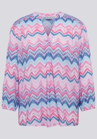 Mehrfarbige Bluse mit einem Zickzackmuster in Pink, Blau und Weiß. V-Ausschnitt und 3/4-Ärmel mit Raffung. Leichte Baumwollqualität.