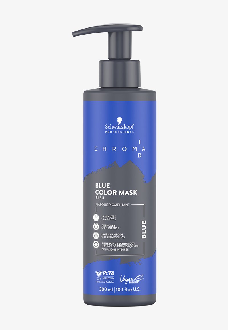Schwarzkopf Chroma ID Maschera Colorante Blu in bottiglia blu e grigia con dispenser a pompa, 300 ml, con dettagli sugli ingredienti e sull'uso sull'etichetta.
