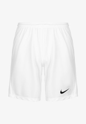 Pantalones cortos deportivos blancos, fabricados en un material ligero, con una cinturilla elástica y un logo de Nike negro en la parte inferior izquierda.