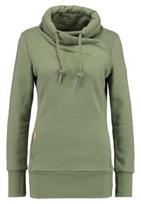 Felpa da donna a maniche lunghe di colore verde oliva, con ampio colletto a cowl, coulisse e polsini e orlo a coste.