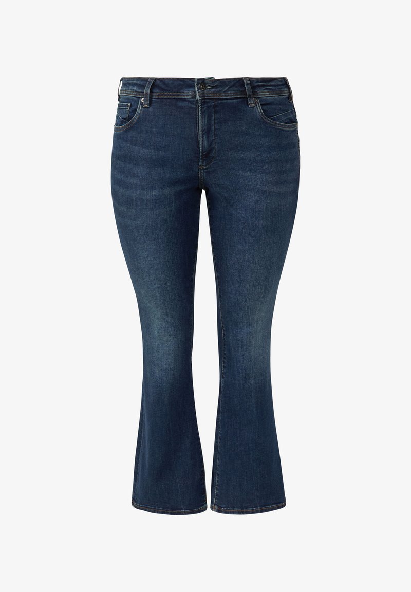 Ciemnoniebieskie dzwony z denimu z talią średniej wysokości, przednimi kieszeniami i kontrastowym przeszyciem. Gładka faktura, dopasowane w udzie.