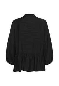 Black blouse with a loose fit, balloon sleeves, and a gathered peplum hem. Made of lightweight, textured fabric with a simple collar.