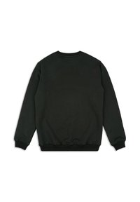 Sudadera de algodón negra con cuello redondo, mangas largas, puños acanalados y dobladillo acanalado, con una textura suave y un diseño ligero.