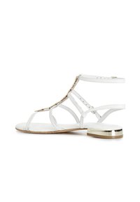Bílé sandály s řemínkovým designem, plochým podpatkem a zlatým akcentem na patě. Vyrobeny z syntetického materiálu s hladkým povrchem.