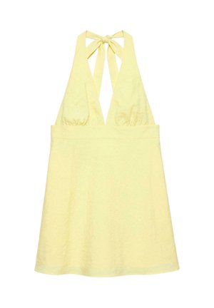 Robe jaune sans manches à col halter profond en V avec un nœud dans le dos, avec une taille cintrée et une jupe évasée en ligne A.
