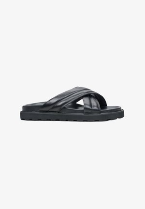Black leather slide sandals with crossed straps and a textured sole, featuring a flat profile and open toe design for easy wear.