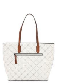 Borsa tote bianca con motivo a diamante e manici in pelle marrone. Presenta una tasca frontale con zip e rifiniture nere. Pelle sintetica texture.