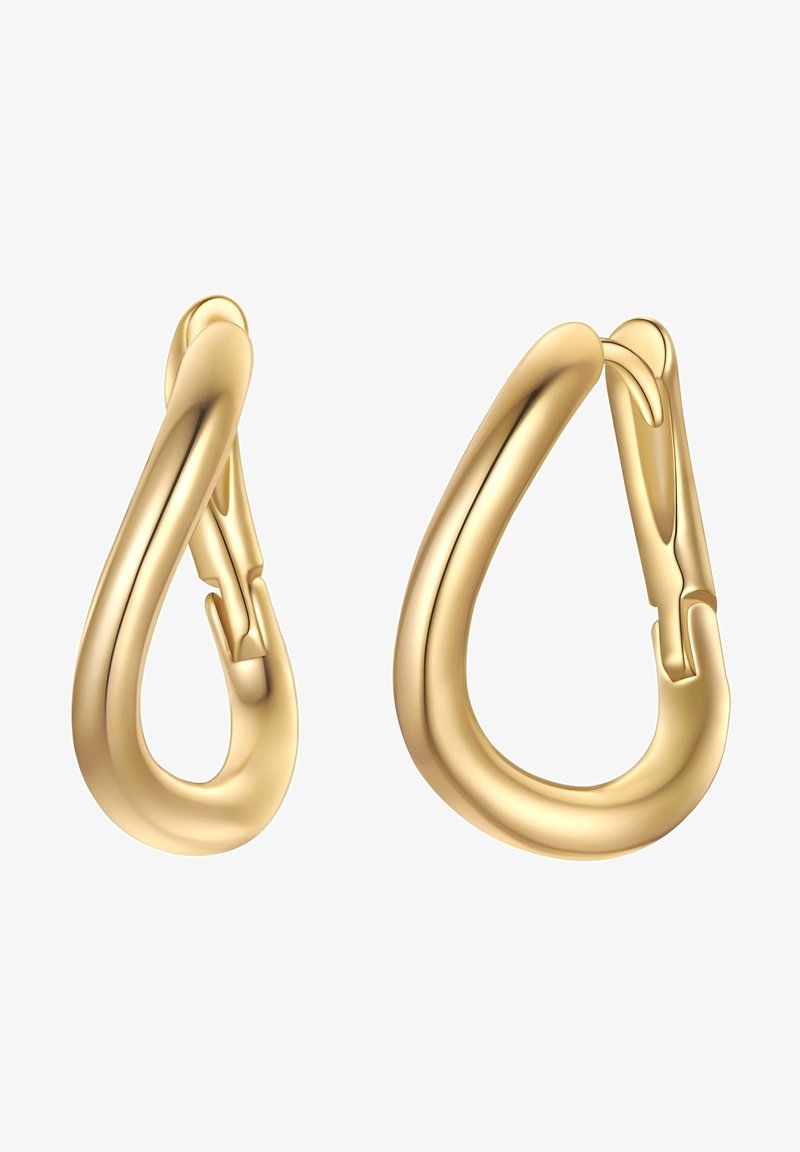 Zlato obarvani uhani v obliki solze. Gladka površina s sijočo obdelavo. Imajo varen zapirni mehanizem.