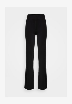 Černé široké kalhoty s vysokým pasem a předním zipem. Vyrobeno z hladké, elastické tkaniny pro pohodlí a volnost pohybu.