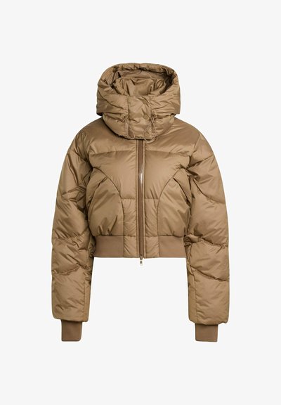 Braune, kurze Daunenjacke mit hohem Kragen, Reißverschluss vorne und elastischen Bündchen. Glattes, glänzendes Material mit gestepptem Muster.