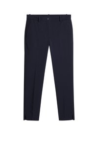 Pantaloni slim-fit di colore blu scuro da uomo con passanti per cintura, tasche frontali, zip e piccole aperture sui lati anteriori in fondo.