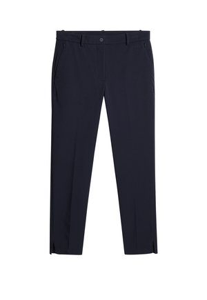 Herren dunkelmarineblaue Slim-Fit-Hosen mit Gürtelschlaufen, Fronttaschen, Reißverschluss und kleinen Schlitzchen an der Vorderseite des Hosenbeins am Saum.