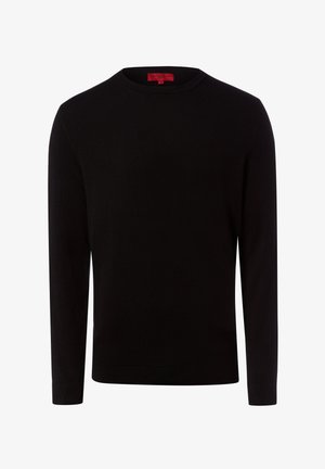 Schwarzer Pullover mit langen Ärmeln und Rundhalsausschnitt aus weichem Stoff. Verfügt über gerippte Bündchen und Saum sowie ein sichtbares rotes Etikett im Innenkragen.