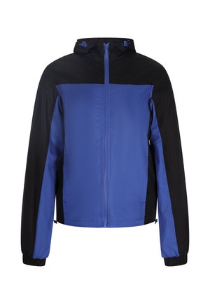 Giacca con zip blu e nera con cappuccio. Presenta un design a blocchi di colore, polsini elasticizzati e una texture di tessuto liscia e leggera.