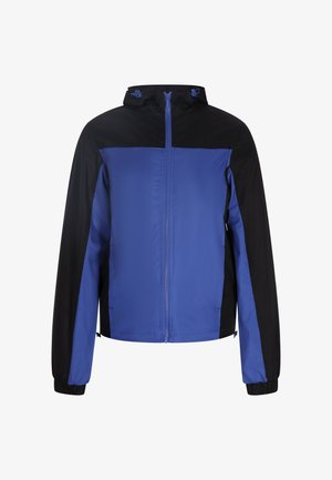 Blauwe en zwarte ritjack met een capuchon. Kenmerkt zich door een kleurblokontwerp, elastische manchetten en een gladde, lichte stoftextuur.