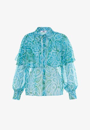 Blusa trasparente blu e verde con motivo, colletto, sovrapposizione arricciata e maniche lunghe a sbuffo. Bottoni lungo la parte anteriore.