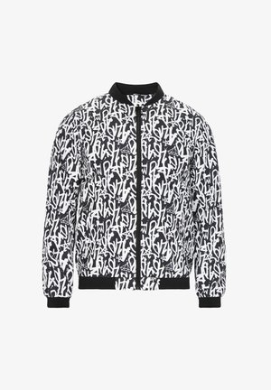 Črno-bela bomberska jakna z grafitnim vzorcem po celotni površini, elastičnimi manšetami in robom ter sprednjim zapiranjem na zadrgo.