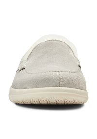 Gray suede slipper with a soft, white lining. Rounded toe, minimal stitching, and a textured rubber sole for grip. Simple design.