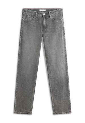 Graue Jeans aus Denim mit geradem Bein, ausgestattet mit einem Knopfverschluss, fünf Taschen und dezenten Waschungseffekten im Stoff.