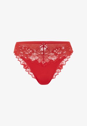 Red lace panties featuring a floral lace design at the top and a solid red bottom. Includes a small metal accent in the front center.