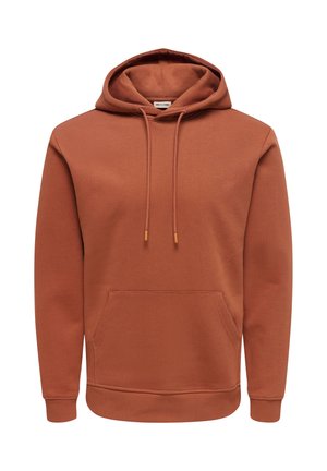 Hættetrøje i rustfarve lavet af blødt stof, med snøre i hætten, frontlomme og ribstrikkede ærmeafslutninger og kant for en tæt pasform.