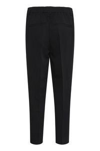 Pantalons noirs à jambe droite avec une taille élastique et deux poches passepoilées arrière, présentés de dos sur un fond blanc.