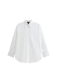 Chemise blanche à manches longues, en coton, avec un col classique, une poche poitrine unique et une coupe décontractée.