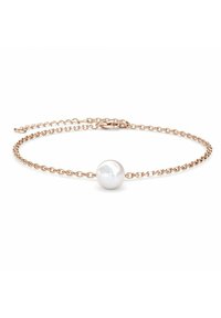 Bracciale in catena dorata con una singola grande perla rotonda, dalla superficie liscia e con una chiusura delicata.