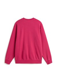 Sweat-shirt à manches longues rose vif uni avec poignets et ourlet côtelés, montré de dos sur fond blanc.