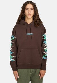 Bruine hoodie met een voorzak, voorzien van blauw "Element" logo en kleurijke grafische prints op de mouwen. Gemaakt van zachte stof, relaxte fit.